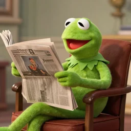 Kermit is sitting in a chair reading a newspaper