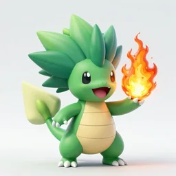 a cute grass type pokemon, green fire bursting out of his hair, highly detailed digital art, 3 d perspective, award - winning illustration, aesthetic, smooth, pokemon style, made by greg rutkowski