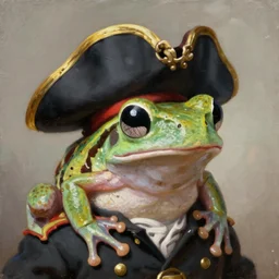 a head - and - shoulders portrait of an amazon milk frog wearing a pirate hat and military uniform, an american romanticism painting, oil on canvas, cgsociety, soft focus