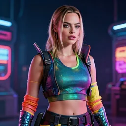 margot robbie as a cyberpunk ninja, retro futurism, flashy colors, ray tracing, realistic, rendered in unreal, 8 k, cinematic lighting, highly detailed