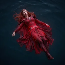 scarlet witch floating in the sea while asleep and she is glowing red, nostalgia, very detailed texture, realistic shaded lighting, studio quality, digital art, dark background style by wlop, unreal engine 5 rendered, octane rendered, pinnacle studio, naturel, trending on artstation, art style by nixeu and ian sprigger