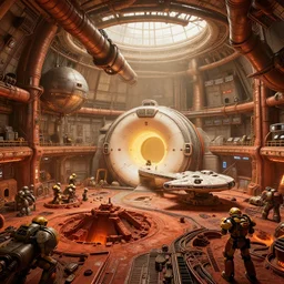 a bulbous planetarium interior of the matrix nebuchadnezzar biomechanical gieger, 3d rendered steampunk, iron smelting pits, high tech industrial and maschinen krieger, warm saturated colours, mri machine millennium falcon space-station Vuutun Palaa with massive piping inspired by a nuclear reactor submarine, ilm, beeple, star citizen halo, mass effect, starship troopers, elysium