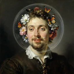 oil painting portrait vivid background of a bubble man with a charming face made of flowers and butterflies by otto marseus van schriek rachel ruysch christian rex van minnen dutch golden age dramatic lighting chiaroscuro