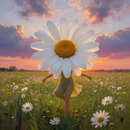 giant white daisy flower on shoulder, girl dancing in a flower field, surreal photography, sunrise, dramatic light, impressionist painting, colorful clouds, digital painting, artstation, simon stalenhag