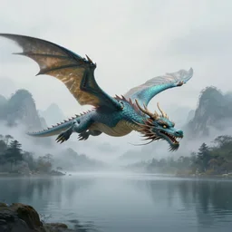 big dragon flying over a lake, fog, mountains in background, detailed digital painting, trending artstation