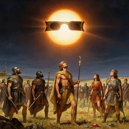 a total solar eclipse fills the sky, warriors on an ancient battlefield stop and look up as the sky goes dark. 5 0 0 bc. clear, detailed, well composed beautiful painting by michael whelan and artgerm and magali villanueve, dramatic lighting, rich bright colors.