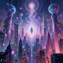 a psychedelic cyberpunk city at the edge of existence where intensely creative astral beings live, in the style of wlop, illustration, epic, fantasy, hyper detailed, smooth, unreal engine, sharp focus, ray tracing