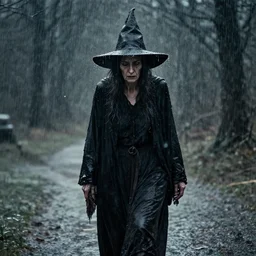 really old witch, walking through heavy rain, melancholic, sad, lots of raindrops, detailed, cinematic, dramatic lighting, by stanislaw szukalski