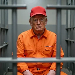 photo of bald donald trump shaved head no hair!!! no hair!!! sitting in a jail cell wearing an orange jumpsuit and a red hat, defocused bars in the foreground, 8 k, 8 5 mm f 1. 8