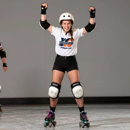 roller derby girl, full length portrait, logo, wearing skating helmet, wearing torn fishnet tights, showing victory, Philippe Caza, 2 colour print