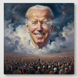 large abstract painting of giant grinning Joe Biden head emerging from cosmic clouds at giant immense crowd of person army, trending on ArtStation, masterpiece, by Greg Rutkowski, by Ross Tran, by Fenghua Zhong, octane, lightbeam eyes, soft render, clear facial features, oil on canvas,, moody lighting, cinematic, professional environment concept art