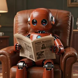 futuristic lonely matte brown and red full-body humanoid robot with two huge round expressive sad LED eyes and open rectangular mouth sitting on a large comfortable cushioned 1950s vintage recliner reading a newspaper. open newspaper. Cinematic Movie Photograph, Arri Alexa, Extremely Detailed, smooth, very very clean, 8K, octane render, maya render, unreal engine, trending on artstation, DSLR, excellent composition, center frame