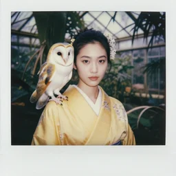 grainy head to shoulder portrait Polaroid film photograph of an elegant top model wearing a yellow kimono with a very detailed barn owl on her shoulder!!! in a tropical greenhouse. looking at the camera!!. super resolution. Extremely detailed. Polaroid 600 film. art by Rineke Dijkstraand Annie Leibovitz.