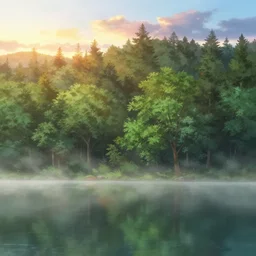 forest with lake, fog and sunset backlight, detailed panorama painting by kyoto animation