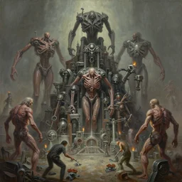oil paint of 1 1 horrifying angular machines as autolysis idols, flayed gods, in tiers, colossal medical equipment melee, battle pit, by wayne d barlowe, boris vallejo, stefano tamburini, torch light, muted colors, epic, hyper detailed, awe inspiring, award winning horror, hyper realism, cinematic