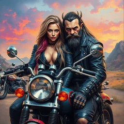 a full shot of a scifi post apocalyptic orcish biker man and his hot babe girlfriend posing with a motorcycle, psychedelic vibrant colors, futuristic punk rock fashion, oil painting by michael whelan art, sharp focus, realistic, perfect face, detailed eyes, highly detailed, long hair, studded leather jacket, 8 k