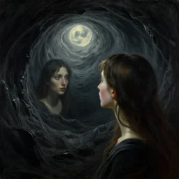 she peers into the abyss and sees the abyss looking back at her, dramatic cinematic lighting, smooth, sharp details, intricate, sad and powerful painting by beksinski and ruan jia and greg rutkowski