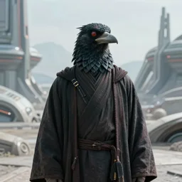 realistic detailed portrait movie still of a birdman wearing dark robes, sci fi landscape background by denis villeneuve, amano, yves tanguy, alphonse mucha, ernst haeckel, max ernst, roger dean, masterpiece, rich moody colours, blue eyes, snarling dog teeth, surreal