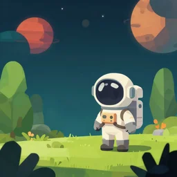 Concept art for game, A cute explorer astronaut on a lush alien planet, large planets in the background, low poly, stylized, indie game, artistic lighting