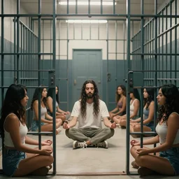 el chapo is meditating in the middle of a prison cell. the prison cell has plenty of hot latina babes. meditation. 35 mm