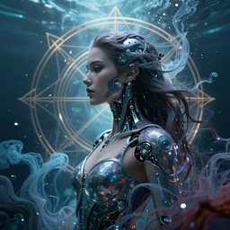 a centered profile render of an alluring futuristic goddess with slight cyborg modifications surrounded by a underwater ink pour and flowing liquid gallium and sacred geometry, perfect body and face, powerful, cinematic, beautifully lit, by artgerm, by karol bak, 3 d, trending on artstation, octane render, 8 k