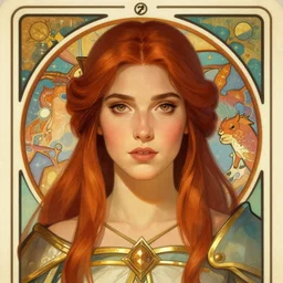 front facing symmetrical centered painted portrait, just one head, Imogen Poots as a D&D Paladin, Mucha tarot card, RPG character avatar, Blizzard concept art, pixar, dreamworks, global illumination lighting, trending on artstation, by lois van baarle, ilya kuvshinov, rossdraws