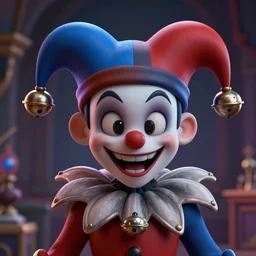 the evil jester smirking wearing cap with bells, lovecraft scene, cute detailed portrait, 3 d, intricate details, by vincent di fate, artgerm, smooth gradients, octane render, 8 k, volumetric lightning, depth of field, coherent face, vivid colors