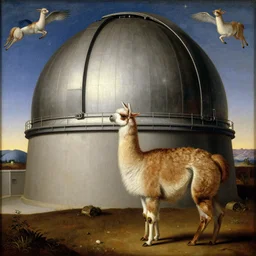 renaissance painting of a llama in a large observatory looking for extraterrestrials