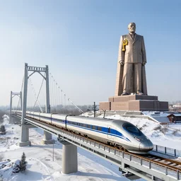high speed rail train passing over snowy mountain suspension bridge next to a massive soviet monument of lenin