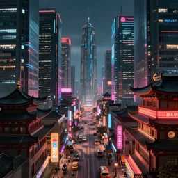 futuristic chinatown view, shot of blade runner, skyscrapers pattern with pagodas, neon signs, cyberpunk, cinematic light, digital conceptual art, artstation, daniel liang