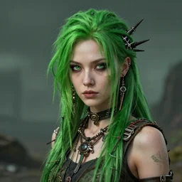 highly detailed portrait of a beautiful wasteland punk long dripping green poison hair tribal lady, stray wiring by atey ghailan, james gilleard, by joe fenton, by greg rutkowski, by greg tocchini, by kaethe butcher, 4 k resolution, gradient purple, brown black and white color scheme!!! ( ( green flaming robotic sewer background ) )