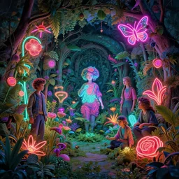 a dense and fascinating detailed intricate advert for neon in a garden, by tim razumovsky, james c. christensen, charles conder and h. r. geiger. trending on artstation