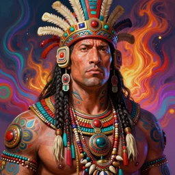 portrait of dwayne johnson, hyper detailed ultra sharp aztec shaman warrior. trending on artstation, warpaint aesthetic, bloodwave, colorful, psychedelic, ornate, intricate, digital painting, concept art, smooth, sharp focus, illustration, art by artgerm and greg rutkowski and h. r. giger, 8 k