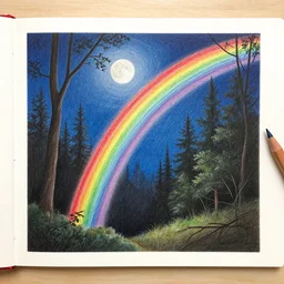 Colored pencil art on paper, Rainbow created by moonlight at night in a forest, highly detailed, artstation, MasterPiece, Award-Winning, Caran d'Ache Luminance