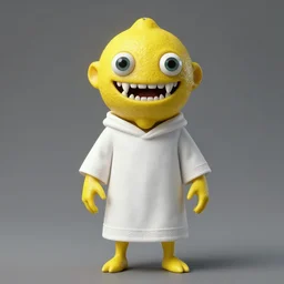 a yellow like lemon demon with a lot of eyes and sharp teeth wearing a white ritual tunic, full body concept, realistic