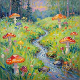 an impressionist painting of a gorgeous meadow filled with colorful mushrooms with a stream flowing through it, psychedelic colors, trending on artstation