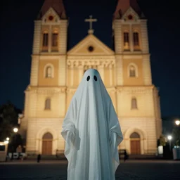 Ghost standing in front of a church during in the night f1.8 anamorphic, bokeh, 4k, Kodachrome k135