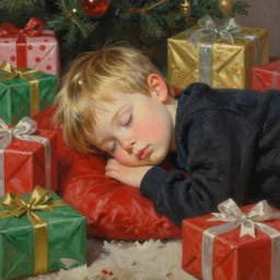 four year old boy with short blonde hair, asleep at christmas. surrounded by gifts. high quality detailed face. beautiful painting by artgerm and greg rutkowski and ilya kuvshinov
