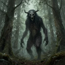 creature from your darkest nightmares in a swedish forest, very low angle photograph, very detailed, trending on artstation, realistic, soft colors, illustration by john bauer, simon stålenhag, horror, creepy