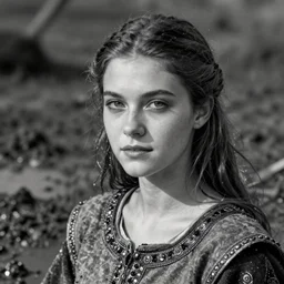 Medieval squire with medieval clothes. Standing in the mud. Face closeup. Black & White photo.