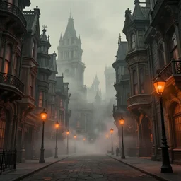 a retrowave digital art of victorian - era street with tall and intricate buildings, beautiful digital art, filthy, volumetric lighting, thick smog, steam, orange street lamps, highly detailed, professional