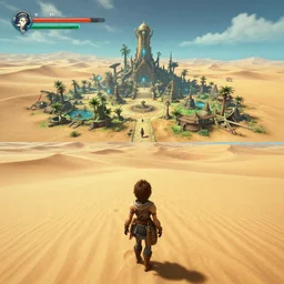 gameplay walkthrough 3 rd person adventure game arriving at the amazing spiritual alien village in the lush oasis of a vast flat empty sand desert with dunes, screenshot, final fantasy, square enix, jrpg, unreal engine, next gen graphics, rtx, cutscene, path tracing, high fidelity, particle effects, nvidia, physics simulation