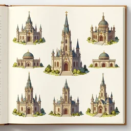 page of encyclopedia color illustrations : : fantasy architecture, diagrams showing various fantasy architecture styles, insanely detailed, informative texts and graphs, style of book concept art