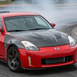 front close up action shot of a red nissan 3 5 0 z with a carbon fibre hood, the car is drifting with the wheels turned, car photography, motion blur, 2 0 0 mm lens