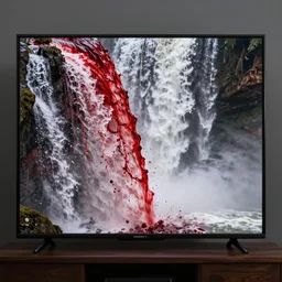 waterfall of blood from the tv, hyperrealistic, high render, hyperdetalied, 8k,