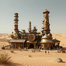 steampunk factory in the middle of the desert