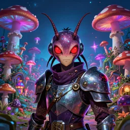 anime 4 k headshot portrait of a psychedelic demonic anthropomorphic insect knight with mushroom themed clothes, magic mushroom village in background by jeff easley, award winning, stylized neon, post - processing, masterpiece, superb resolution. in the art style of junji ito and greg rutkowski. detailed mushroom city in background. hyper realistic anime. perfect art. dalle 2