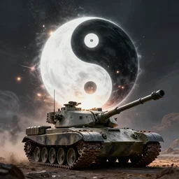 a battle tank blasting upwards with yin - yang black and white symbol daoist paint, in a cosmic field