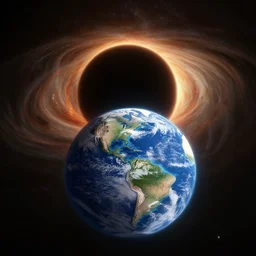 planet Earth in front of a supermassive black hole event horizon, dramatic, 3d render, realistic