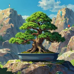 bonsai tree in the rocky hills, Low level, rendered by Beeple, Makoto Shinkai, syd meade, simon stålenhag, synthwave style, digital art, unreal engine, WLOP, trending on artstation, 4K UHD image, octane render,